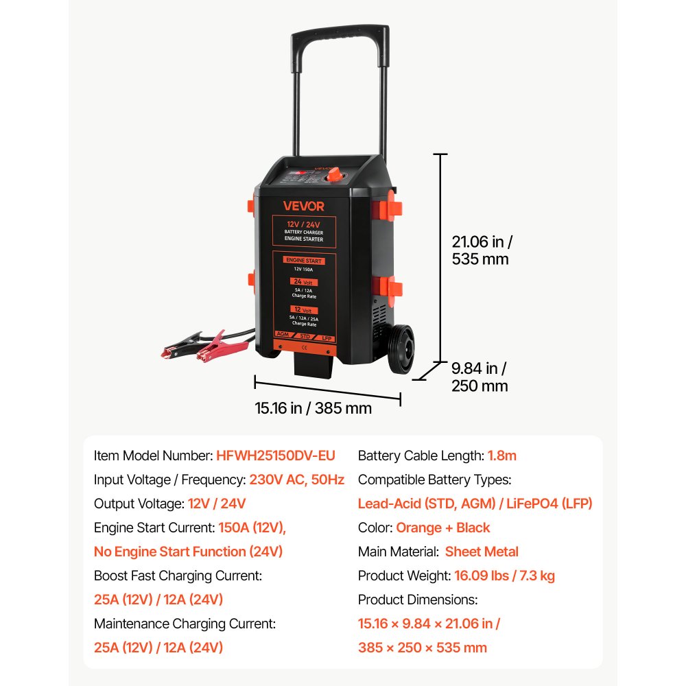 VEVOR 12V/24V Wheeled Battery Charger 150A 12V Car Charger Engine Starter, Heavy Duty Automotive Car Battery Maintainer, Fully Automatic, with Wheels, Compatible with Lead-Acid and Lithium Batteries