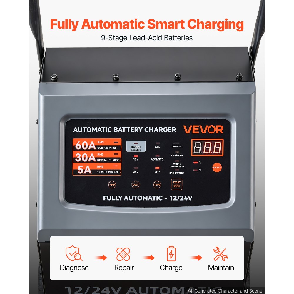 VEVOR Caricabatterie con Ruote 12V/24V 250A/125A Avviatore Motore per Auto Mantenitore di Carica per Batterie Auto, Automatico, con Ruote, Sistema 9 Fasi, Compatibile con Batterie al Piombo e al Litio