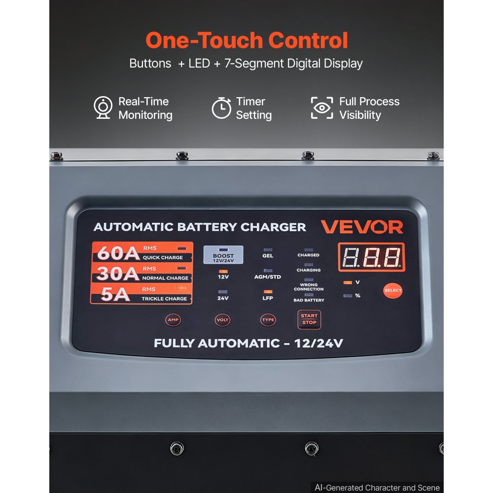 VEVOR Caricabatterie con Ruote 12V/24V 250A/125A Avviatore Motore per Auto Mantenitore di Carica per Batterie Auto, Automatico, con Ruote, Sistema 9 Fasi, Compatibile con Batterie al Piombo e al Litio