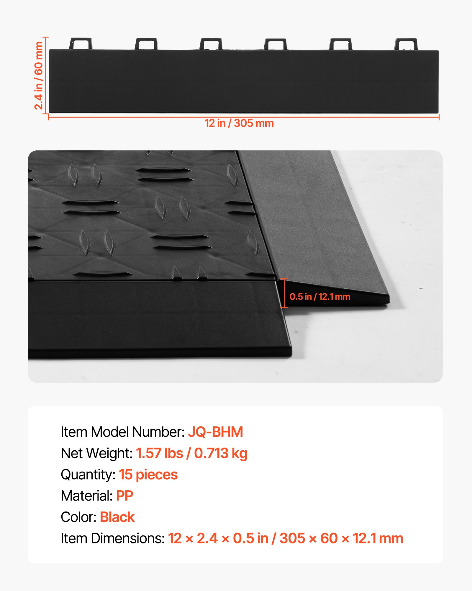 VEVOR Kit di Bordi di Transizione per Pavimenti da Garage Femmina, Bordo per Piastrelle con Clip 15 Pezzi, Robusti Bordi Modulari a Incastro in PP Antiscivolo per Pavimenti da Garage, Nero