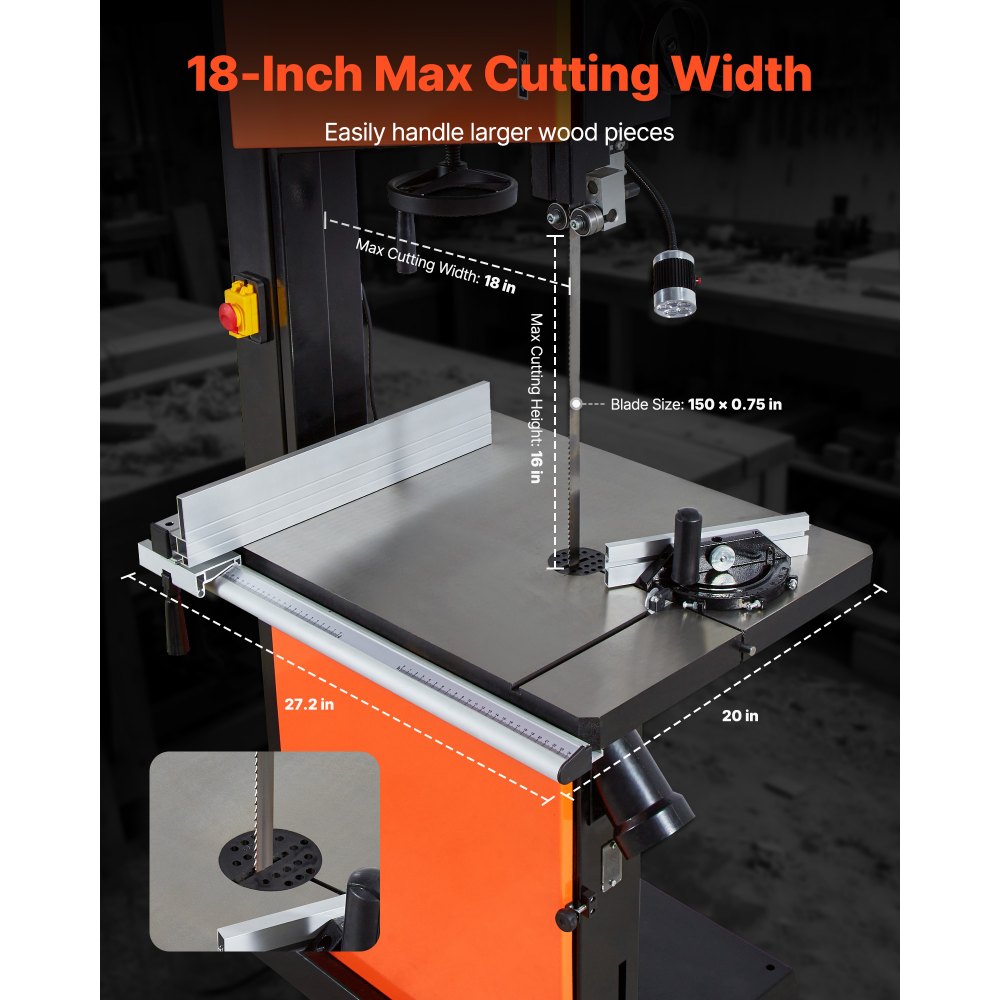 VEVOR Troncatrice a Nastro da Banco 2240 W Troncatrice a Nastro per Lavorazione Legno Altezza di Taglio max. 406 mm Larghezza di Taglio max. 457 mm, Piano di Lavoro in Ghisa