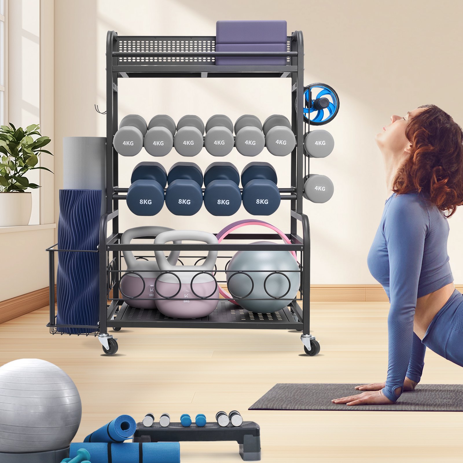 VEVOR Supporto per Tappetino da Yoga per Palestra Domestica 4 Ripiani, Supporto per Porta Sollevamento Pesi Tappetino da Yoga con Ruote Ganci, Portaattrezzi per Esercizi Fitness Palestra