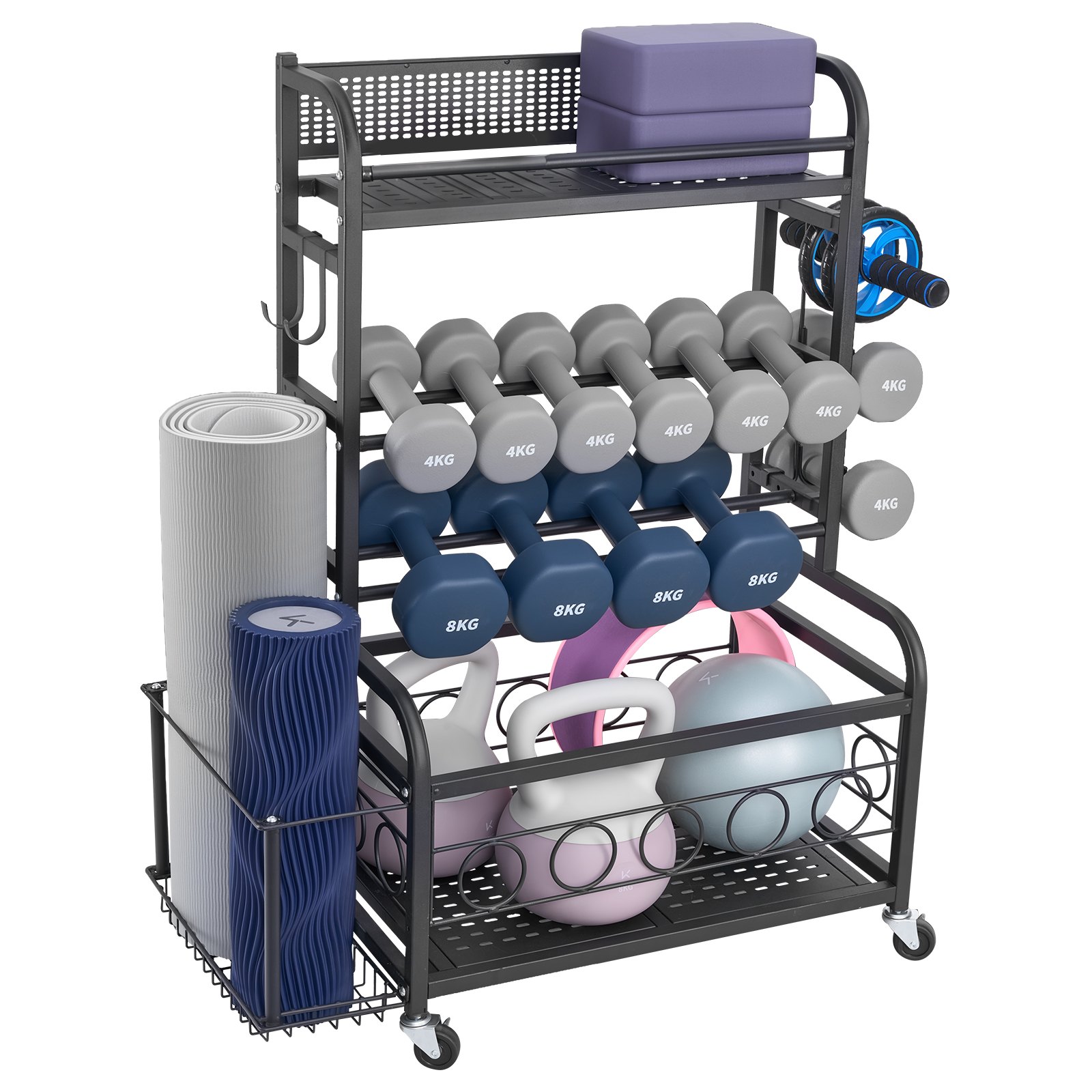 VEVOR Home Gymnastics Storage Rack, Storage Stand, Yoga Mat Holder (4 Layers), Yoga Mat Weightlifting Rack with Wheels & Hooks, Barbell Weightlifting Rack for Home Exercise Fitness Equipment