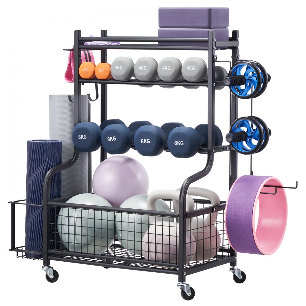VEVOR Supporto per Tappetino Yoga in Acciaio Verniciato a Polvere, Organizzatore per Attrezzi da Palestra per Casa con Ganci e Ruote, Supporto per Pesi per Rullo di Schiuma, Manubri e Cinghia Yoga