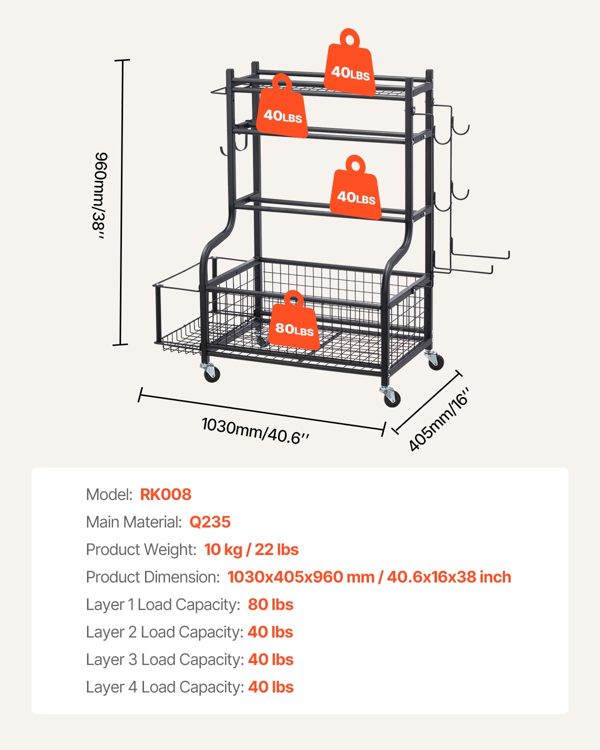VEVOR Supporto per Tappetino Yoga in Acciaio Verniciato a Polvere, Organizzatore per Attrezzi da Palestra per Casa con Ganci e Ruote, Supporto per Pesi per Rullo di Schiuma, Manubri e Cinghia Yoga