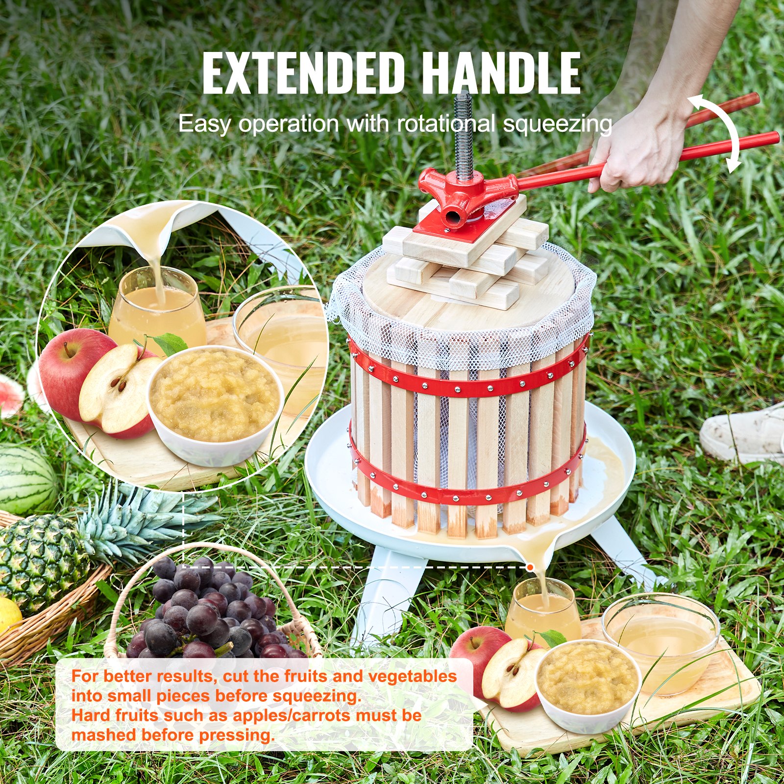 VEVOR Torchio Manuale per Vini di Frutta 6 Litri 1,6 Galloni Torchietto Pressa per Succo Spremiagrumi con Impugnatura con Cestello in Legno Massello Estrattore per Olio d'Oliva Uva Mela Verdure Miele