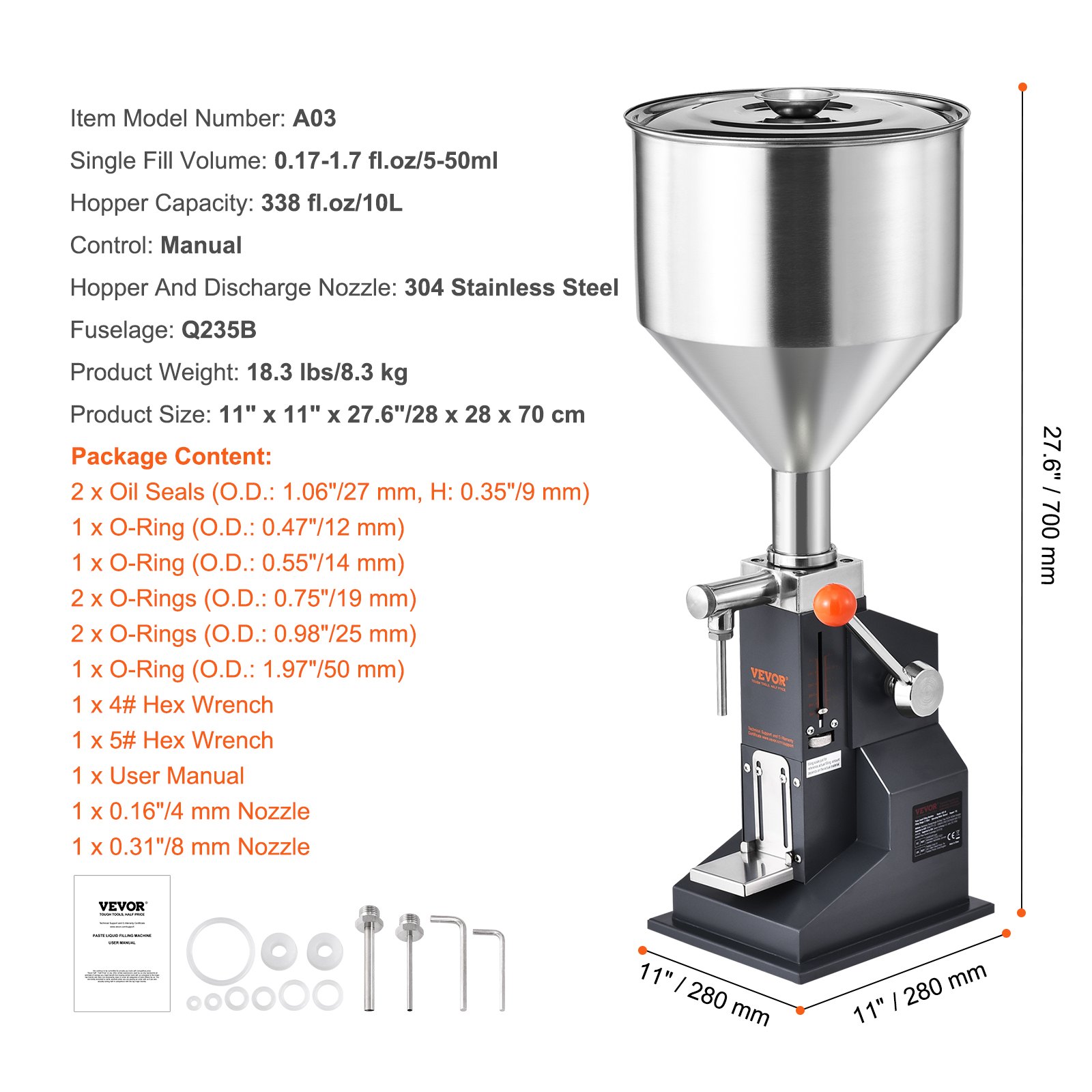 VEVOR 5-50 ml Manual Liquid Filling Machine made of food-grade 304 stainless steel and silicone PTFE. Includes two nozzles (4 mm / 8 mm), ideal for filling honey, oil, and essences.