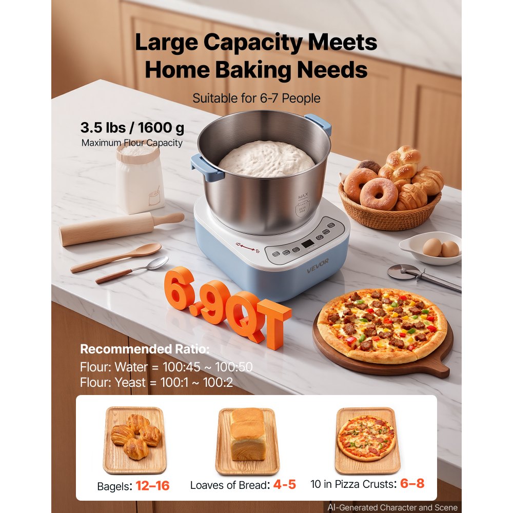 VEVOR Impastatrice Elettrica Funzione di Lievitazione Acciaio Inox 6,5 L Pentola Ideale per Impasto di Pizza, Pane, Ciotola in Acciaio Inox 304, Antiaderente, Timer, Pannello Controllo Frontale
