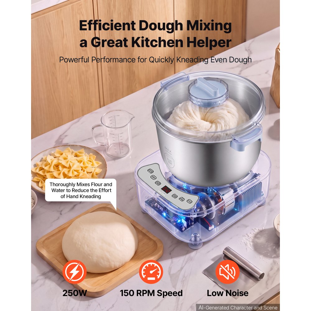 VEVOR Impastatrice Elettrica Funzione di Lievitazione Acciaio Inox 6,5 L Pentola Ideale per Impasto di Pizza, Pane, Ciotola in Acciaio Inox 304, Antiaderente, Timer, Pannello Controllo Frontale
