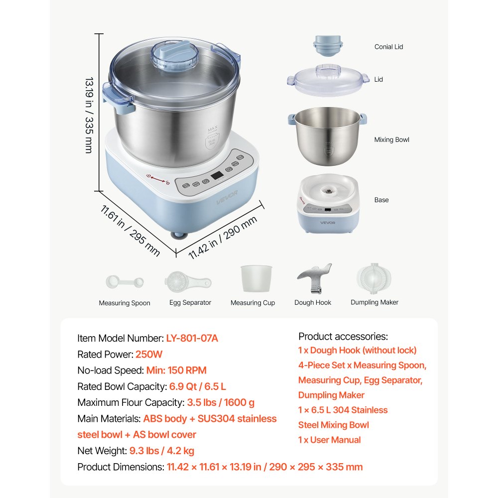 VEVOR Impastatrice Elettrica Funzione di Lievitazione Acciaio Inox 6,5 L Pentola Ideale per Impasto di Pizza, Pane, Ciotola in Acciaio Inox 304, Antiaderente, Timer, Pannello Controllo Frontale