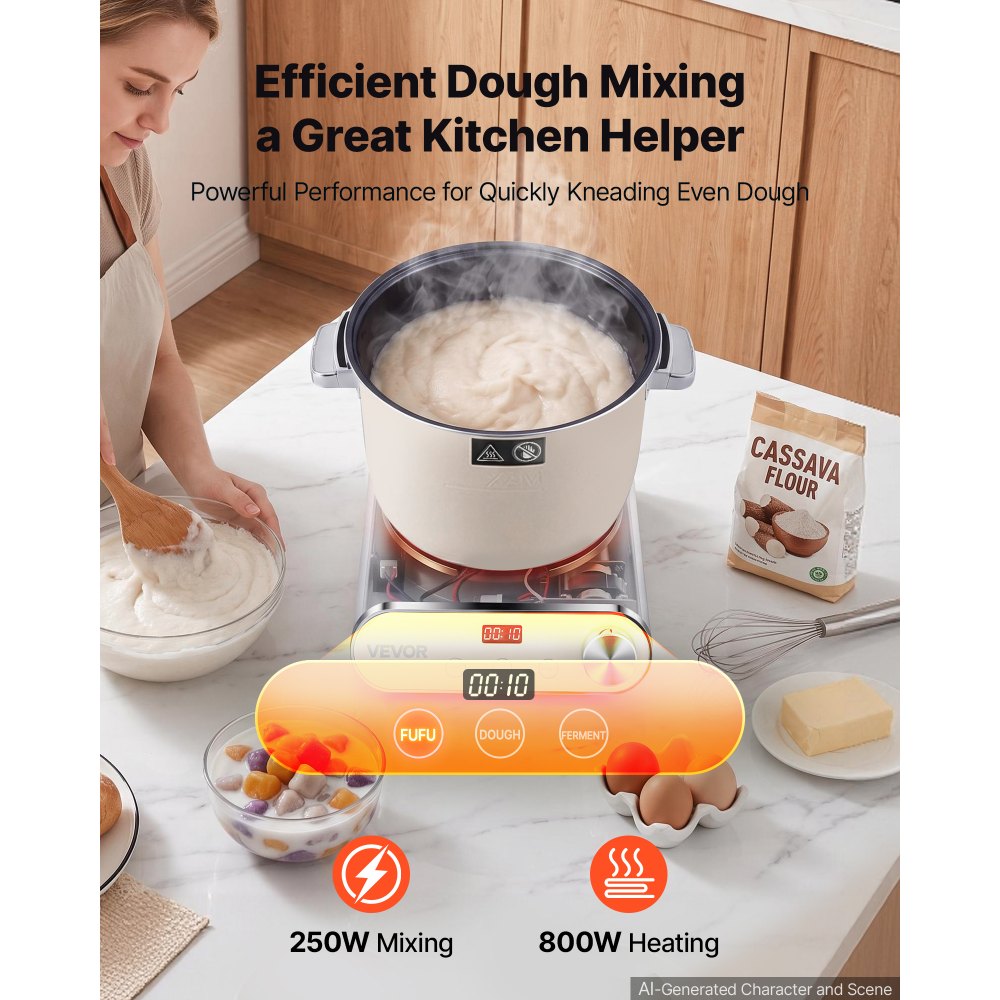 VEVOR Impastatrice Elettrica con Funzione di Lievitazione Acciaio Inox 7 L Pentola Ideale per Impasto di Pizza, Pane, Fufu, Contenitore in Alluminio, Antiaderente, Timer, Pannello Controllo Frontale