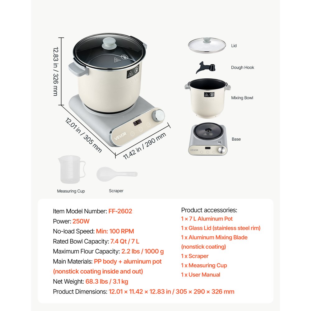 VEVOR Impastatrice Elettrica con Funzione di Lievitazione Acciaio Inox 7 L Pentola Ideale per Impasto di Pizza, Pane, Fufu, Contenitore in Alluminio, Antiaderente, Timer, Pannello Controllo Frontale
