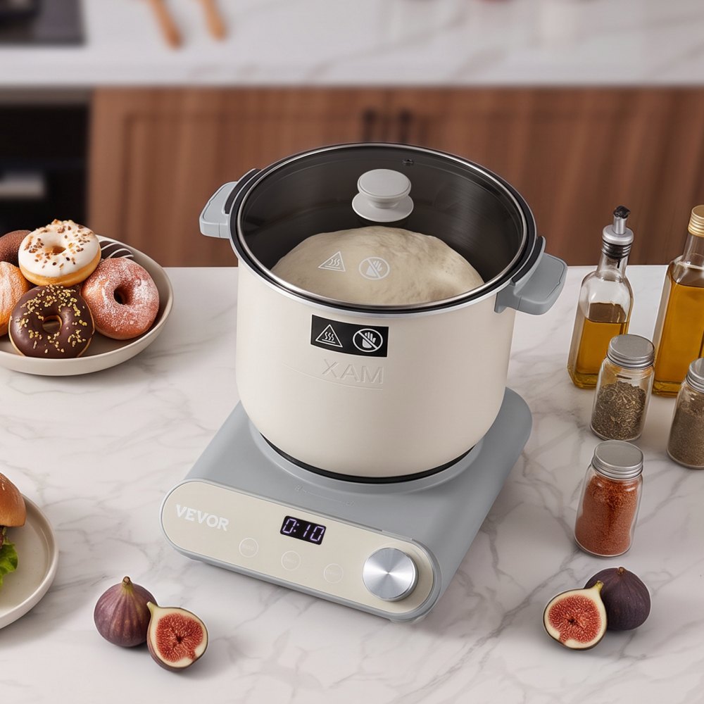 VEVOR Impastatrice Elettrica con Funzione di Lievitazione Acciaio Inox 7 L Pentola Ideale per Impasto di Pizza, Pane, Fufu, Contenitore in Alluminio, Antiaderente, Timer, Pannello Controllo Frontale