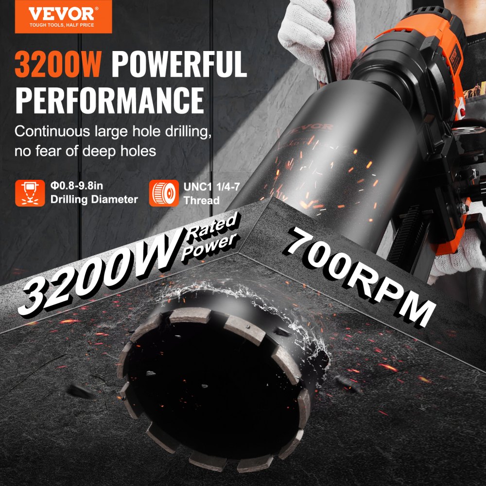 VEVOR Trapano a Carotaggio Diamantato, Diametro di Perforazione da 20 a 250 mm Macchina Carotatrice per Calcestruzzo Robusto 3200 W con Supporto, Punta per Carotaggio, per Calcestruzzo, Mattoni, Marmo