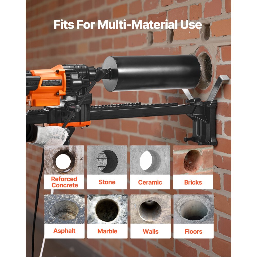 VEVOR Carotatrice per Calcestruzzo, Diametro di Foratura 20 a 200 mm Trapano a Carotaggio per Calcestruzzo a Secco e a Umido con Supporto, 8 Punte da Trapano, Velocità 850 giri/min, 3000 W