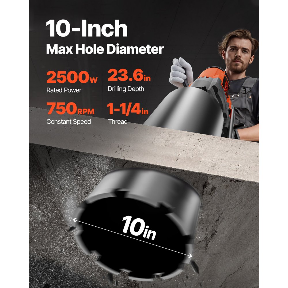 VEVOR Trapano a Colonna Elettrico Perforazione del Calcestruzzo Potenza Nominale 3200 W Diametro Max. 26 cm, Macchina Carotatrice Elettrica 750 giri/min Umido, Trapano per Carotaggio Diamantato 26 cm