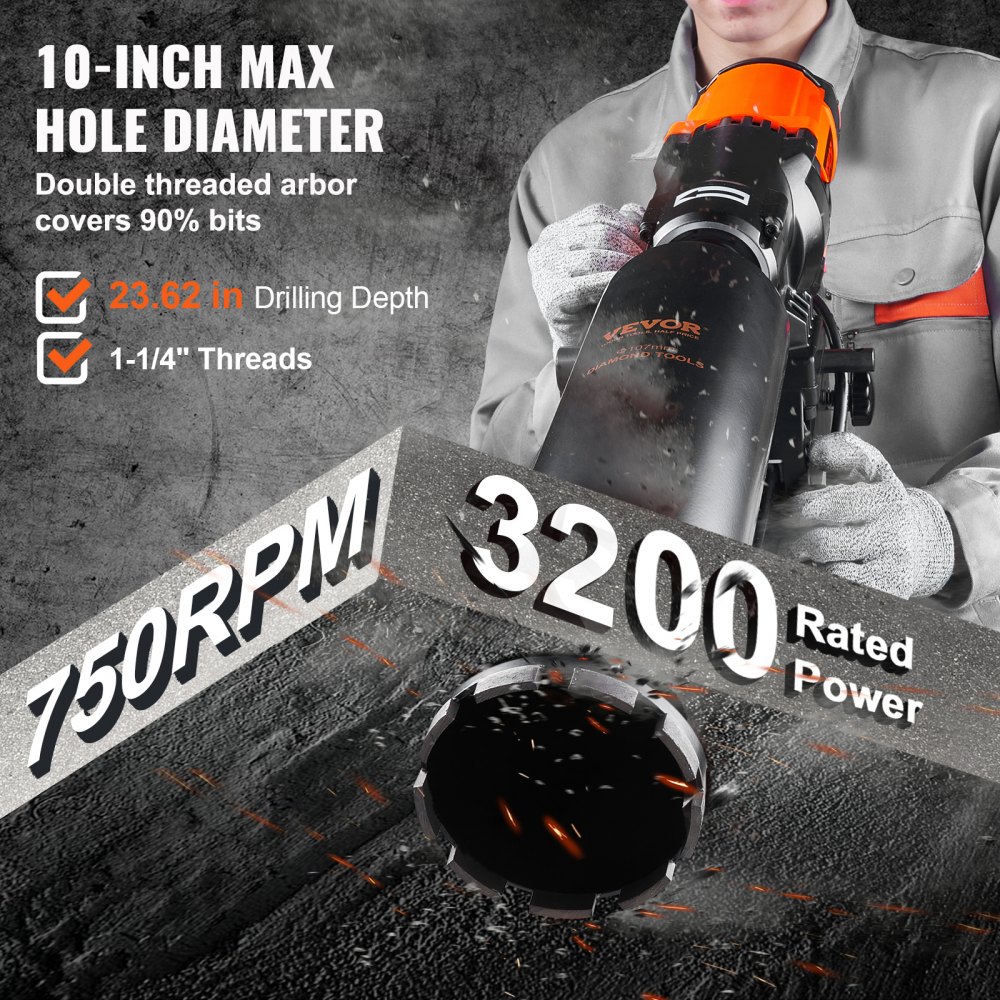 VEVOR Trapano a Colonna Elettrico Perforazione del Calcestruzzo Potenza Nominale 3200 W Diametro Max. 26 cm, Macchina Carotatrice Elettrica 750 giri/min Umido, Trapano per Carotaggio Diamantato 26 cm