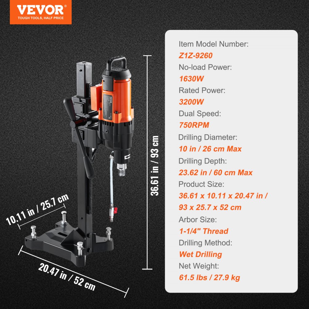 VEVOR Trapano a Colonna Elettrico Perforazione del Calcestruzzo Potenza Nominale 3200 W Diametro Max. 26 cm, Macchina Carotatrice Elettrica 750 giri/min Umido, Trapano per Carotaggio Diamantato 26 cm