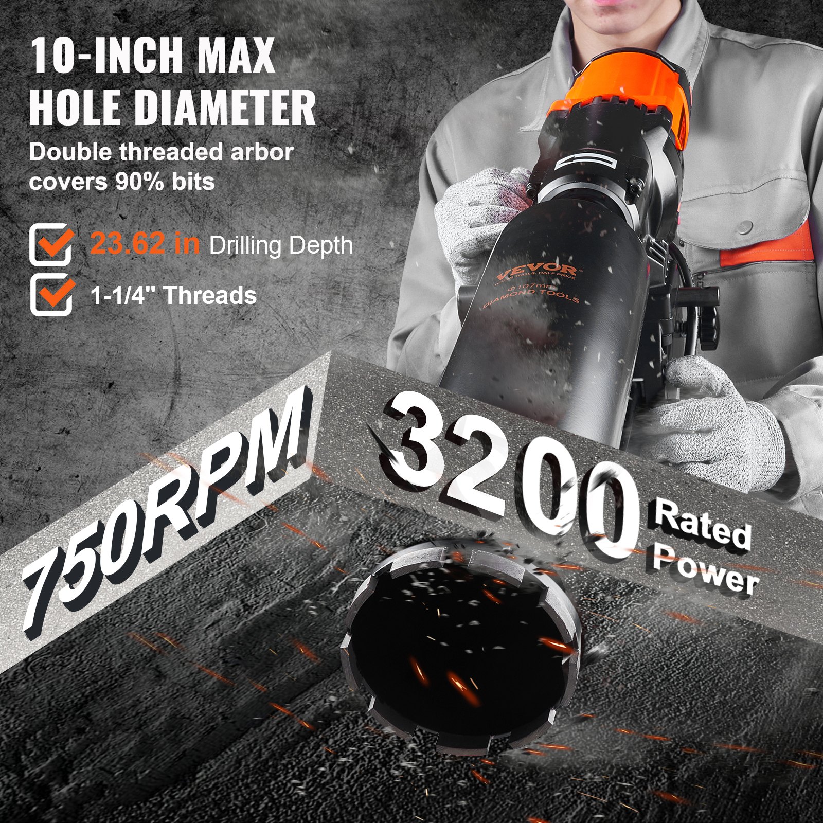 VEVOR Trapano a Colonna Elettrico Perforazione del Calcestruzzo Potenza Nominale 3200 W Diametro Max. 26 cm, Macchina Carotatrice Elettrica 750 giri/min Umido, Trapano per Carotaggio Diamantato 26 cm