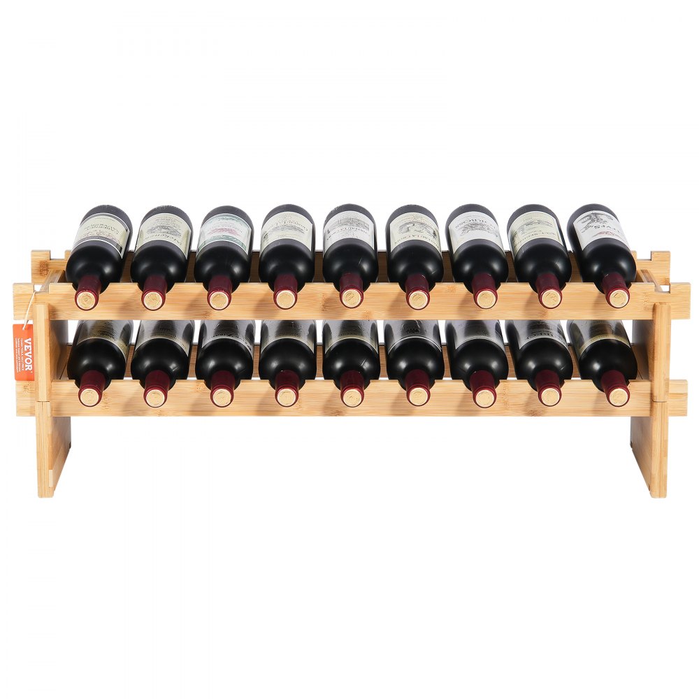 VEVOR Stackable Wine Rack for 18 Bottles, Sturdy Bottle Rack, 2-Tier Storage Shelf Made of Solid Bamboo Wood, Freestanding Wine Rack, Wobble-Free Shelves for Kitchen, Bar and Cellar (Natural Color)