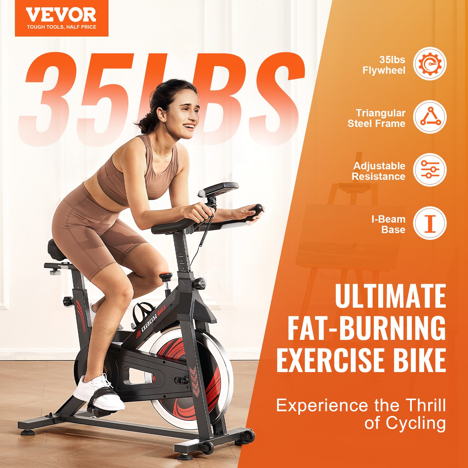 VEVOR Home Trainer Adjustable Stationary Bike for Home Use, Indoor Bike with Quiet Belt Drive, Heavy Flywheel, Improved LCD Monitor, and Comfortable Seat Cushion, Medium Size