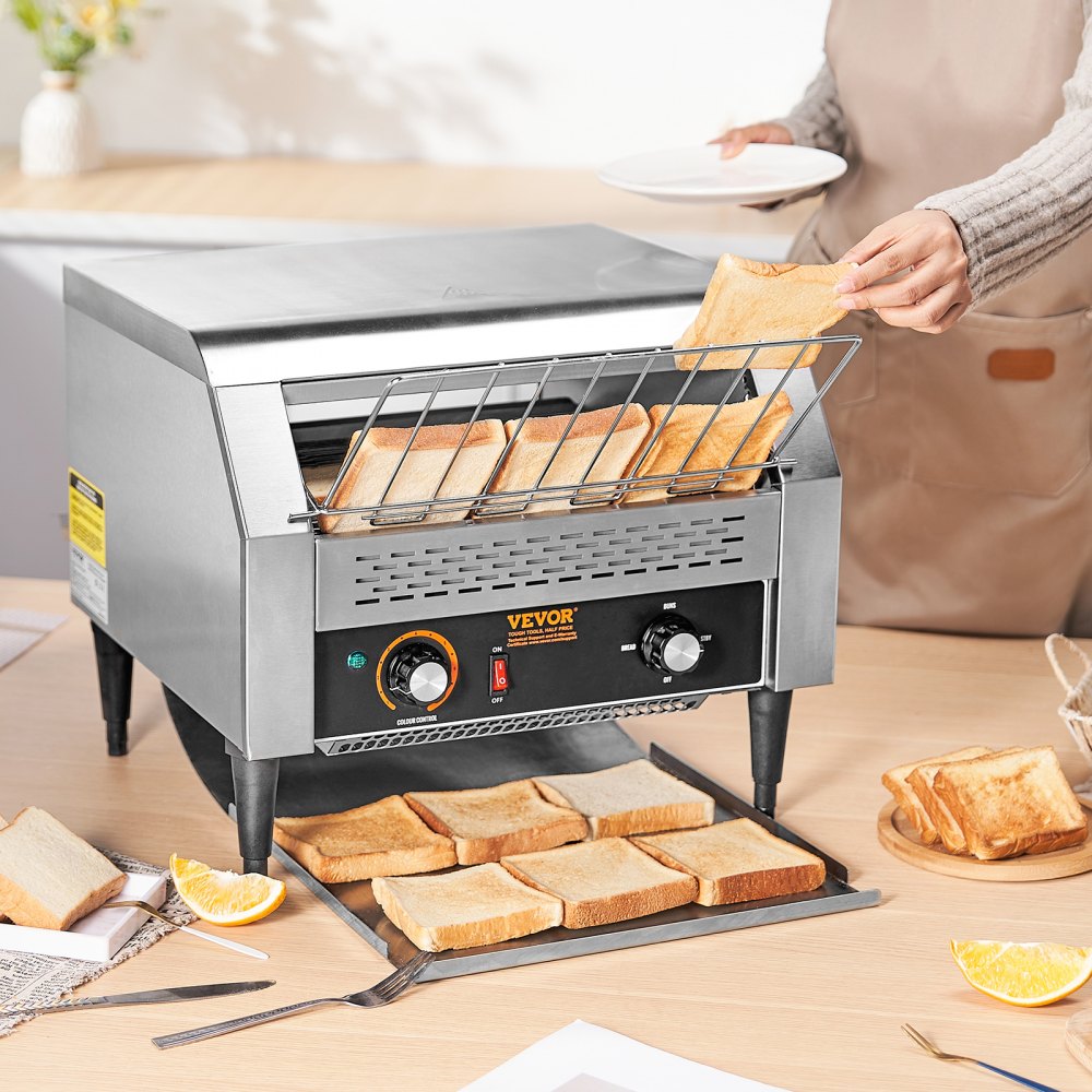 VEVOR Tostapane a Nastro Uso Commerciale Tostapane da 450 Fette all'Ora, Tostapane in Acciaio Inox 1770W, Tostiera per Pane 7 Impostazioni di Velocità con Vassoio, Tostapane a Nastro in Acciaio Inox