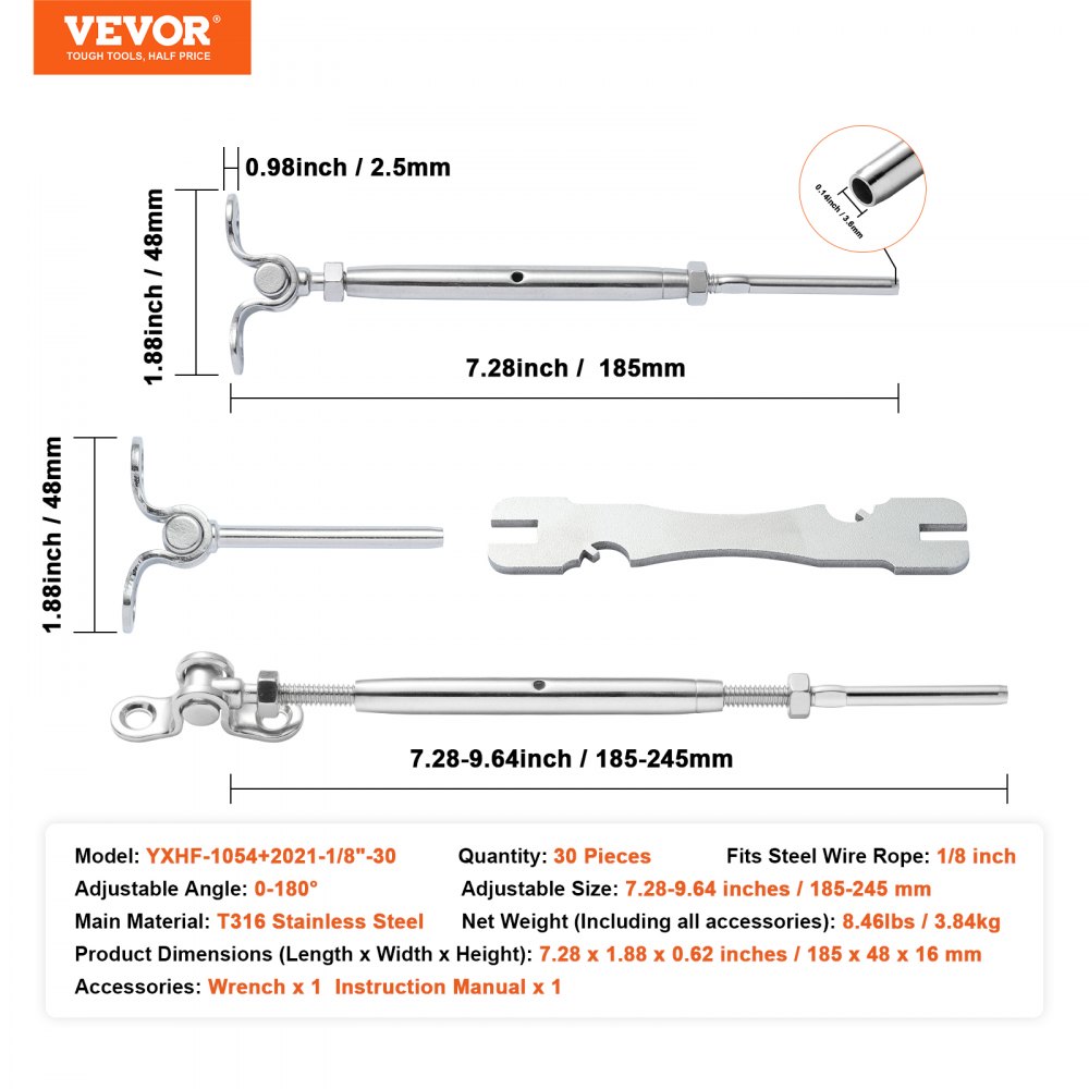 VEVOR Kit ringhiera per cavi/hardware per palo in legno con angolo regolabile da 1/8" T316, grado marino per fune metallica da 1/8", angolo da 0 a 180 gradi argento (confezione da 30)