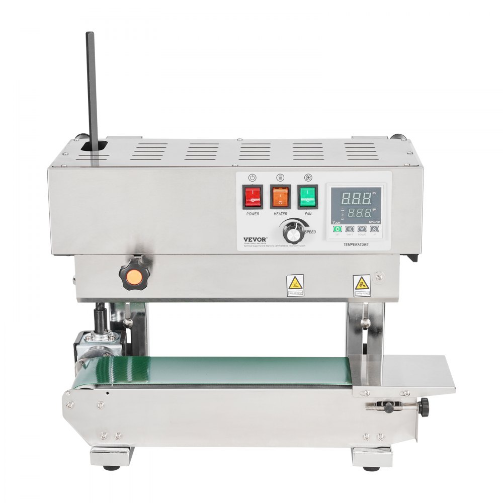 VEVOR Macchina Sigillatrice a Nastro Continuo per Sacchi, Larghezza Saldatura 6-12 mm con Controllo Digitale Temperatura, Sigillatrice per Sacchi in Acciaio Inossidabile per Plastica da 0,02-0,8 mm