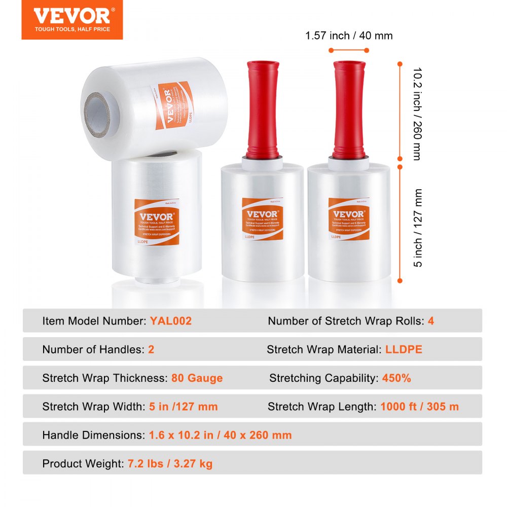 VEVOR Pellicola Estensibile 127 mm x 305 m Rotoli di Pellicola Estensibile Trasparente, Confezione da 4 Pezzi, Calibro 80, Pellicola Estensibile con Maniglie per Avvolgimento Spedizioni, Traslochi