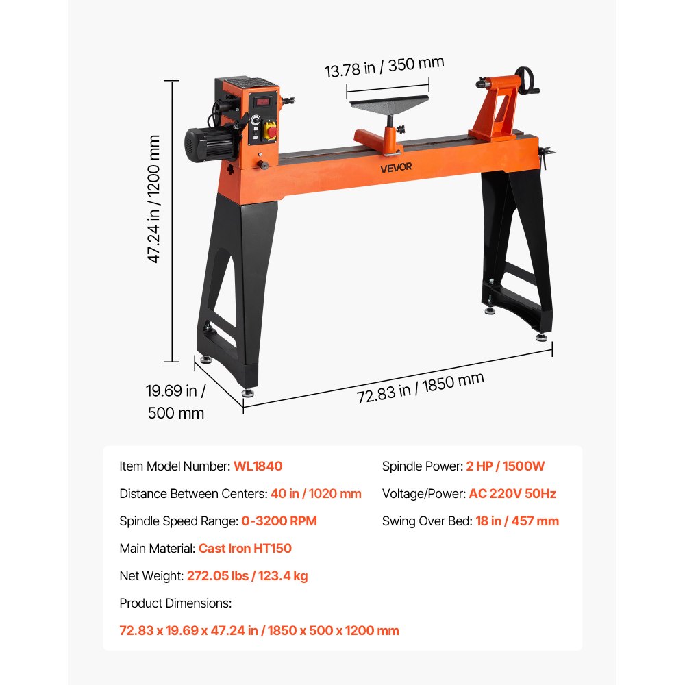 VEVOR Tornio per Legno, 2 CV, Tornio da Banco per Legno con Velocità Variabile da 0 a 3200 giri/min, Banco da Lavoro da 450 x 1020 mm, Motore DC Senza Spazzole, Costruzione in Ghisa
