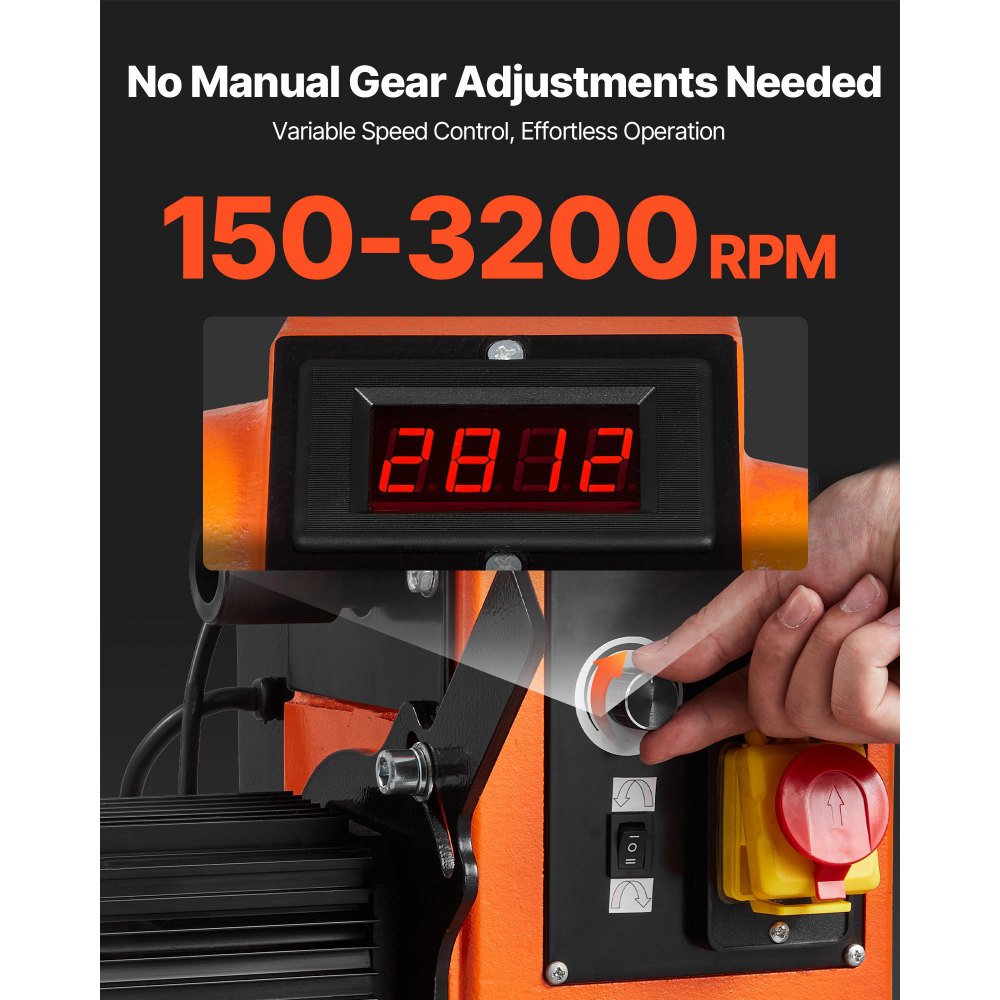 VEVOR Tornio per Legno, 1500W / 2 CV, Tornio da Banco per Legno con Velocità Variabile da 0 a 3200 giri/min, Banco da Lavoro da 450 x 1020 mm, Motore DC Senza Spazzole, Costruzione in Ghisa