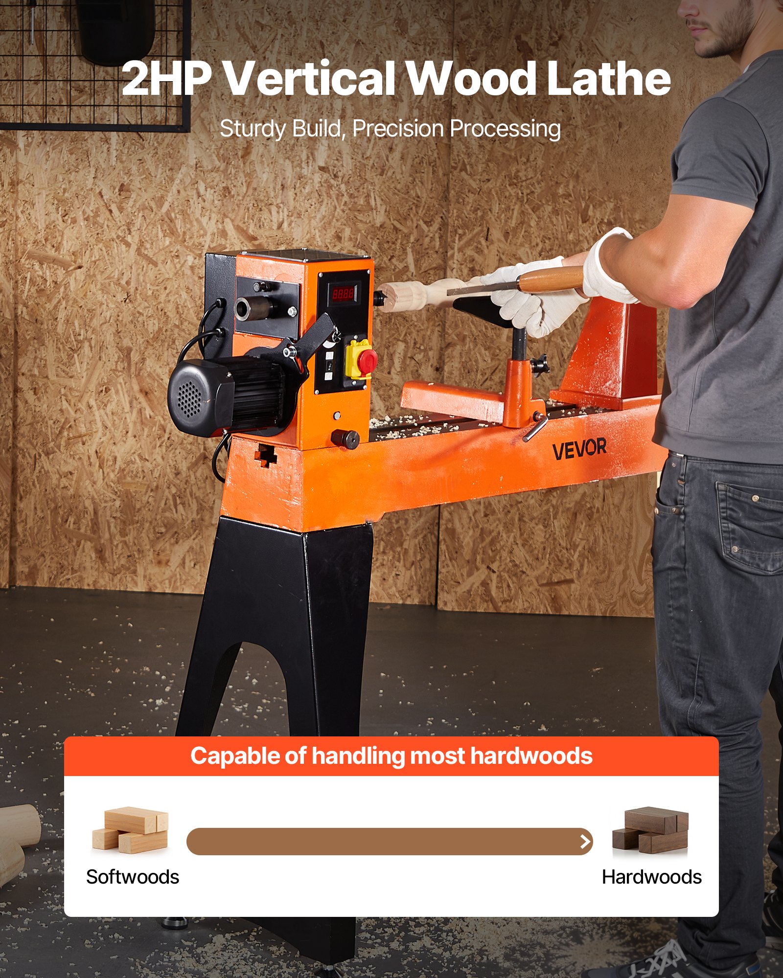 VEVOR Tornio per Legno, 1500W / 2 CV, Tornio da Banco per Legno con Velocità Variabile da 0 a 3200 giri/min, Banco da Lavoro da 450 x 1020 mm, Motore DC Senza Spazzole, Costruzione in Ghisa