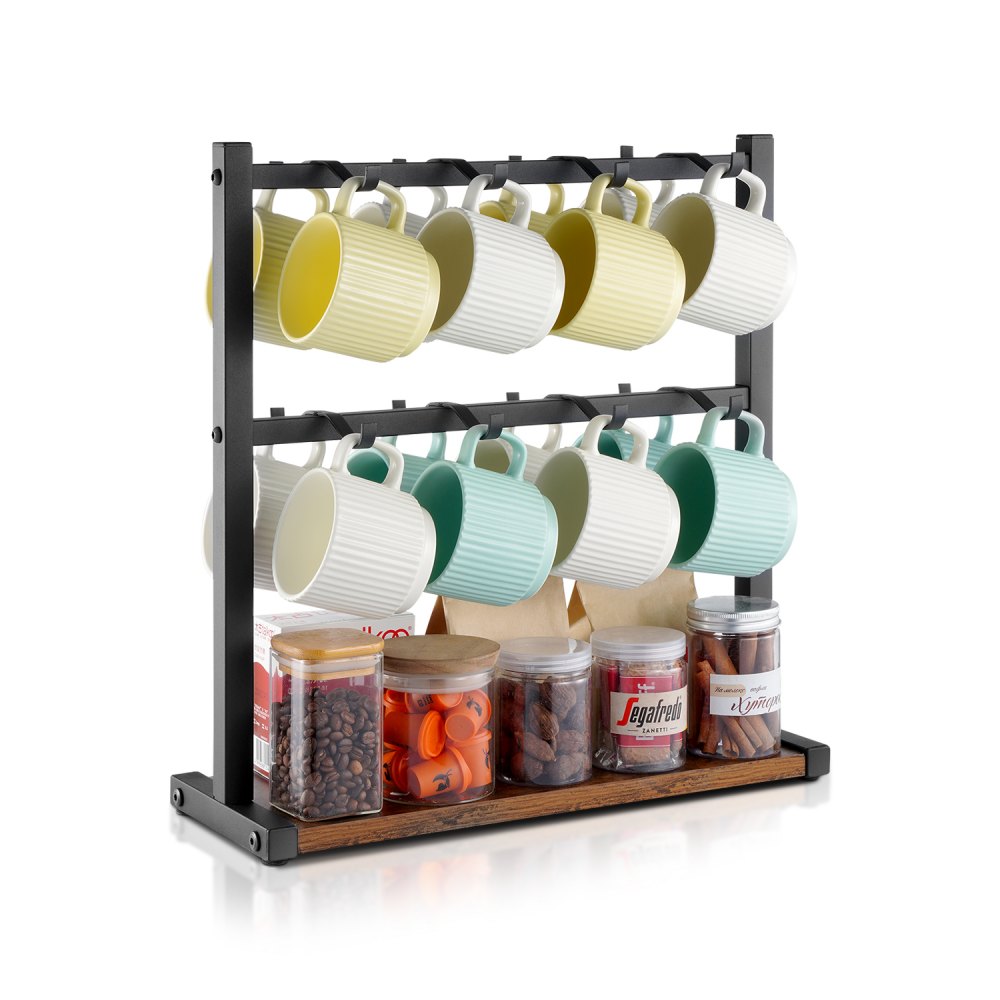 VEVOR Porta Tazze da Caffè per Bancone, 16 Ganci con Base Portaoggetti, 2 Ripiani Porta Tazze in Acciaio al Carbonio e Legno Espositore, per Bar del Caffè, Conservazione ed Esposizione Domestica