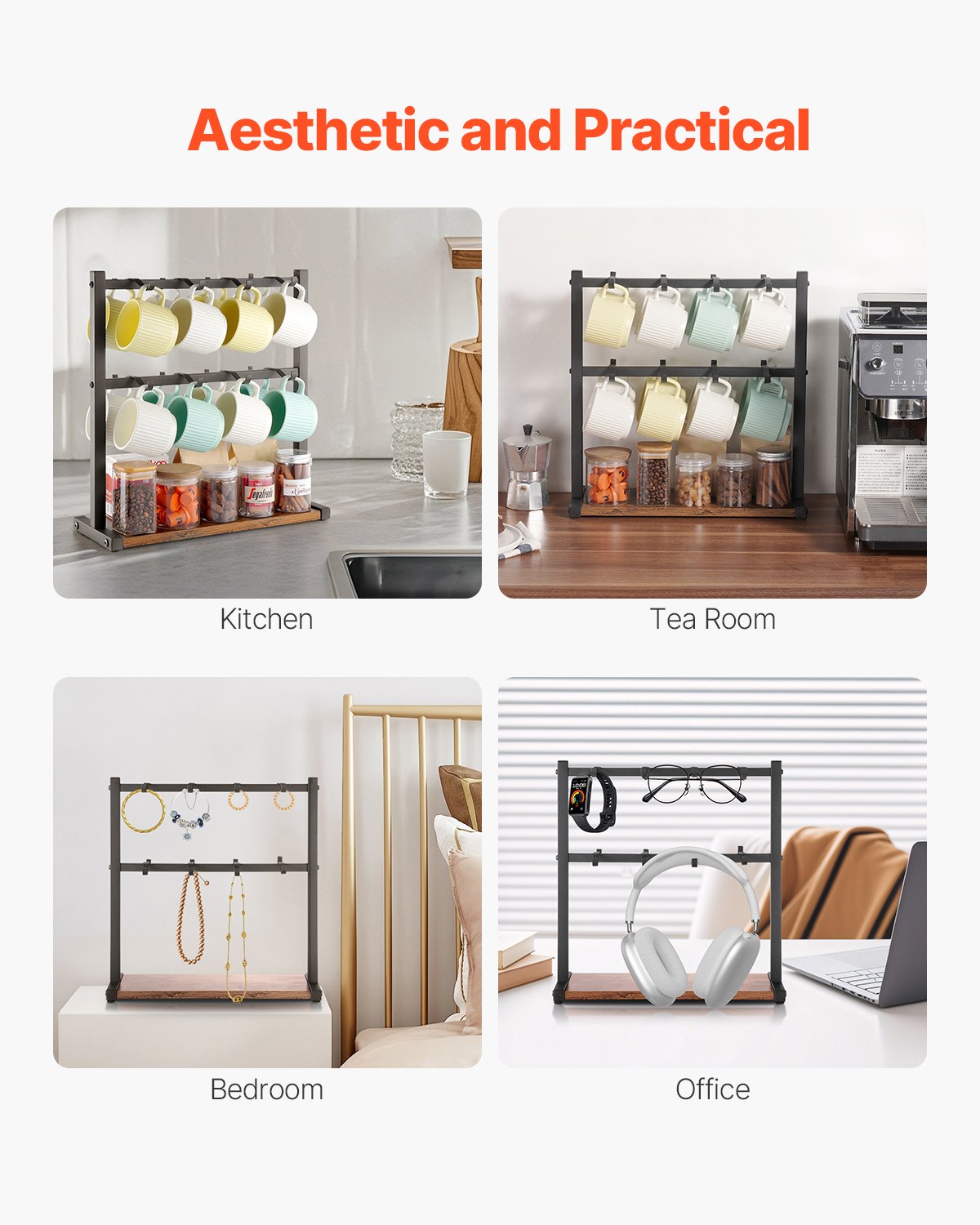 VEVOR Porta Tazze da Caffè per Bancone, 16 Ganci con Base Portaoggetti, 2 Ripiani Porta Tazze in Acciaio al Carbonio e Legno Espositore, per Bar del Caffè, Conservazione ed Esposizione Domestica