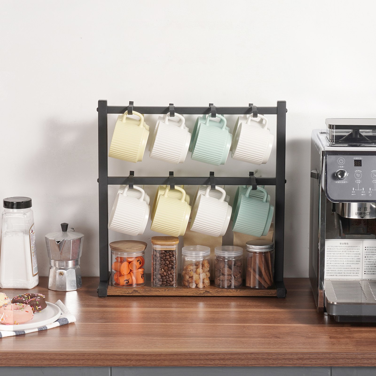 VEVOR Porta Tazze da Caffè per Bancone, 16 Ganci con Base Portaoggetti, 2 Ripiani Porta Tazze in Acciaio al Carbonio e Legno Espositore, per Bar del Caffè, Conservazione ed Esposizione Domestica
