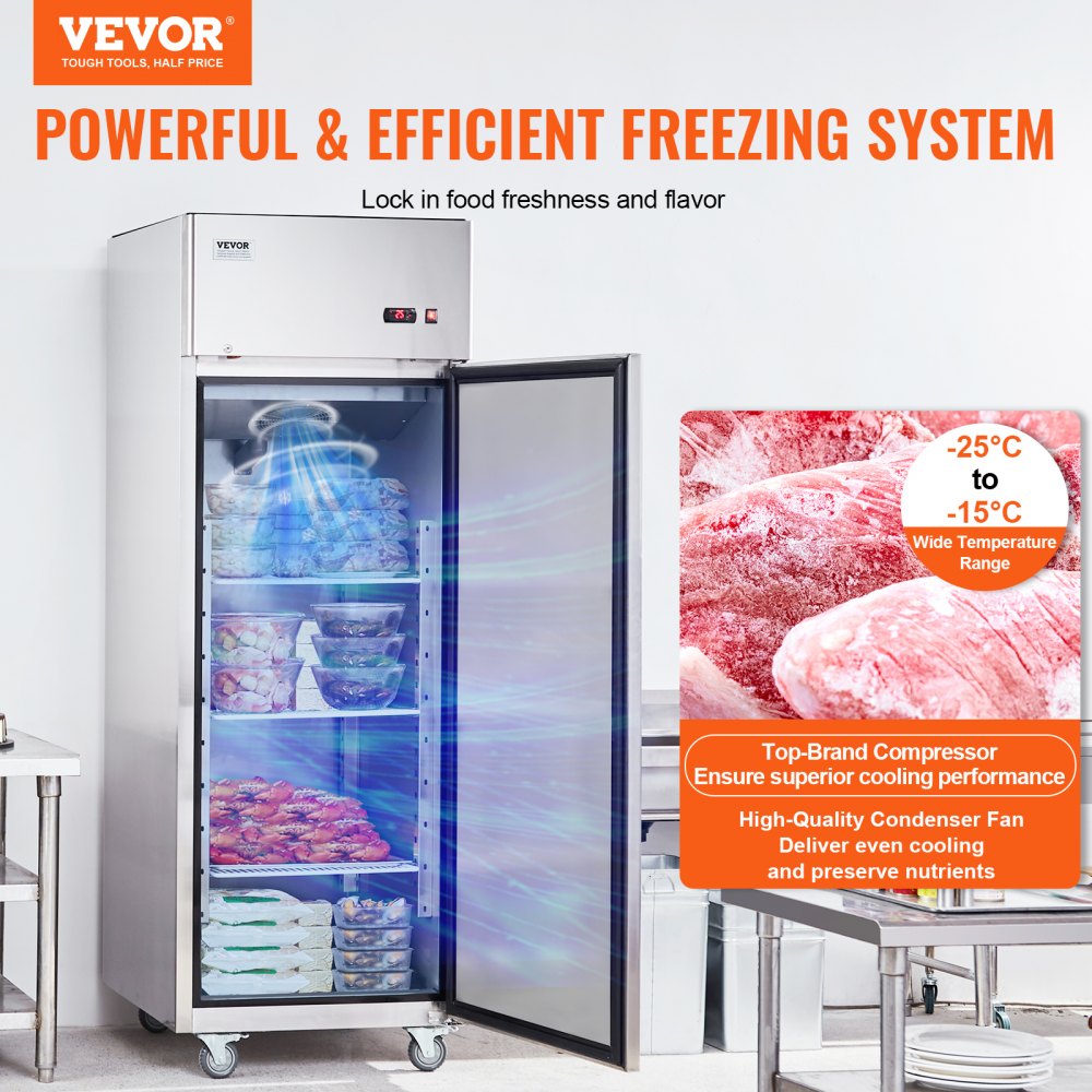 VEVOR Congelatore Commerciale 685 x 800 x 2110 mm Congelatore Verticale Porta Singola 547 L in Acciaio Inossidabile con Sbrinamento Automatico, 3 Ripiani Regolabili, Controllo Temperatura -25 a -15°C