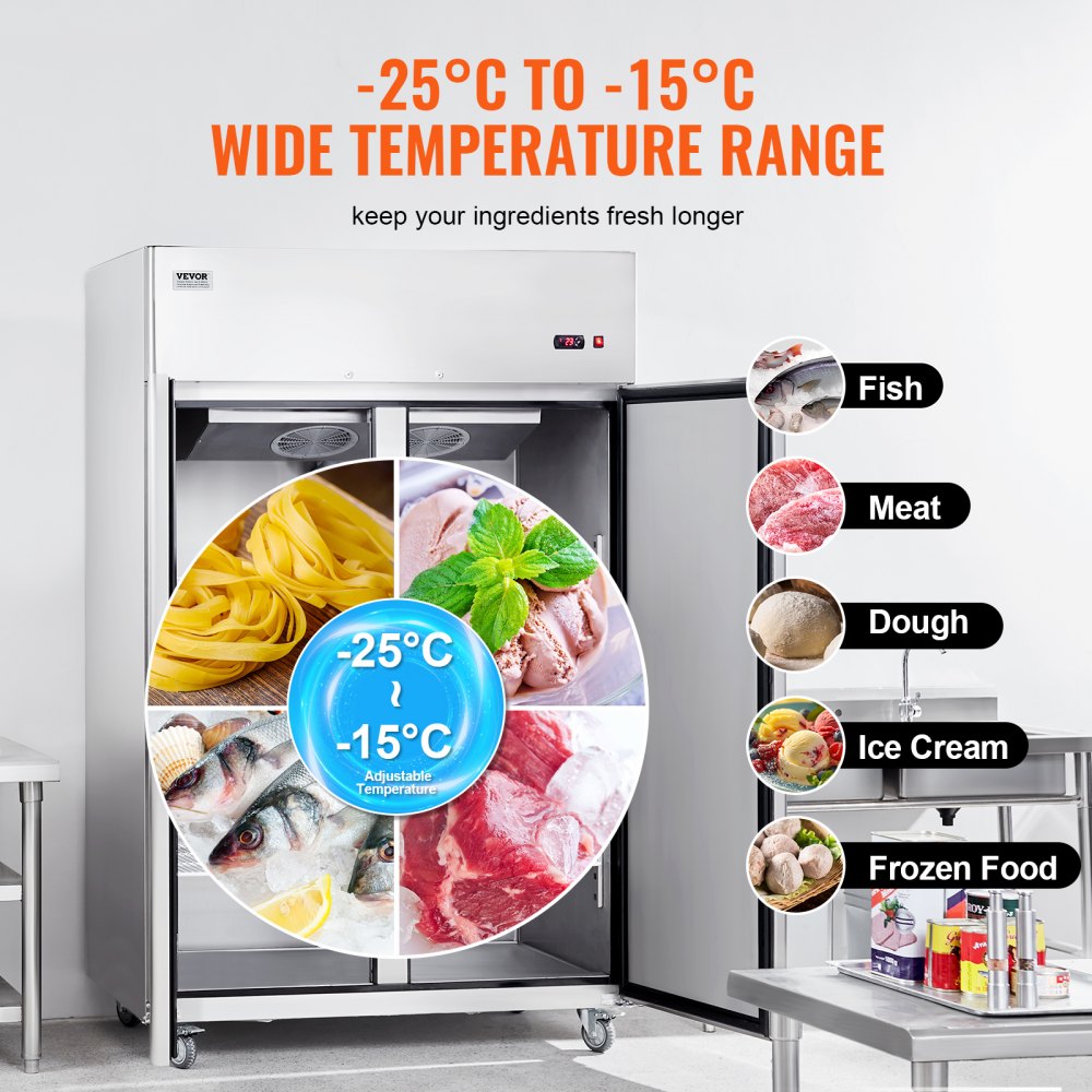 VEVOR Commercial Freezer 1100 L, 2-Door Freezer, Stainless Steel Freezer with Automatic Defrost, 6 Adjustable Shelves, Temperature Control from -25 to -15 °C and 4 Wheels