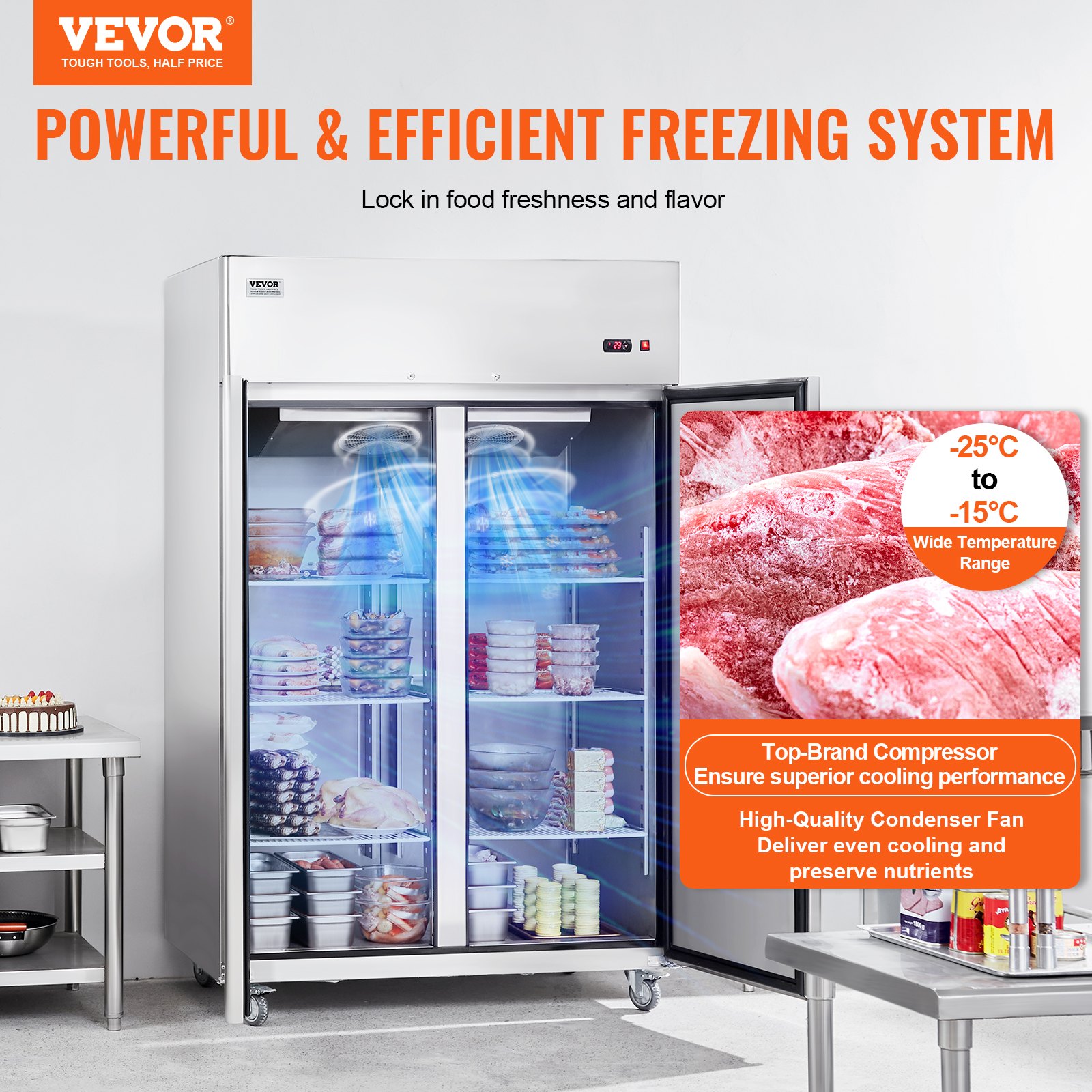 VEVOR Congelatore Commerciale 1382 x 800 x 2110 mm Congelatore Verticale a 2 Porte 1252 L in Acciaio Inossidabile con Sbrinamento Automatico, 6 Ripiani Regolabili, Controllo Temperatura -25 a -15°C