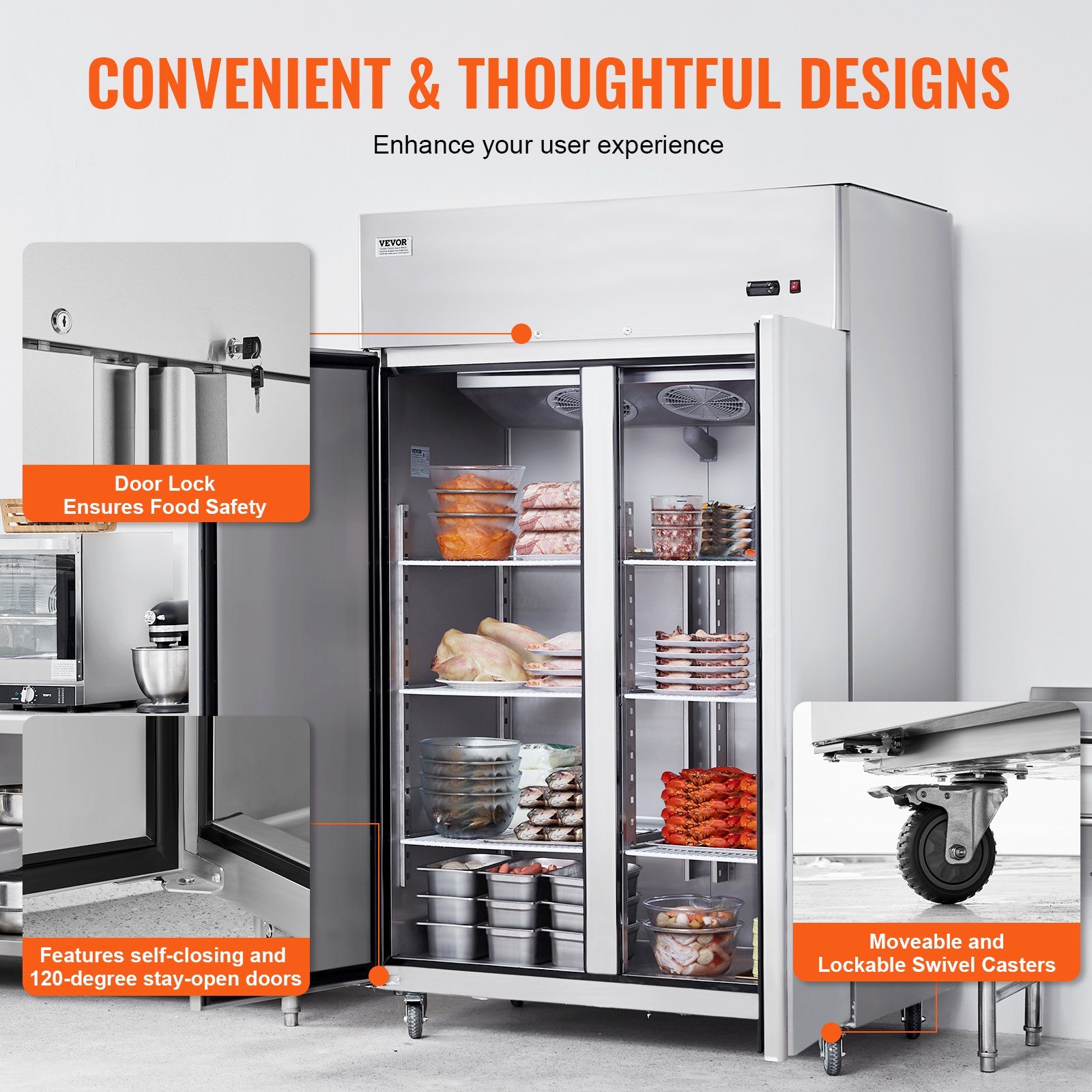 VEVOR Congelatore Commerciale 1382 x 800 x 2110 mm Congelatore Verticale a 2 Porte 1252 L in Acciaio Inossidabile con Sbrinamento Automatico, 6 Ripiani Regolabili, Controllo Temperatura -25 a -15°C