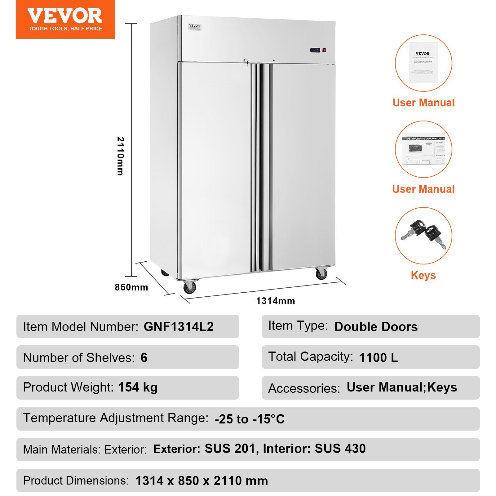VEVOR Congelatore Commerciale 1382 x 800 x 2110 mm Congelatore Verticale a 2 Porte 1252 L in Acciaio Inossidabile con Sbrinamento Automatico, 6 Ripiani Regolabili, Controllo Temperatura -25 a -15°C