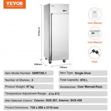VEVOR Congelatore Commerciale 685 x 800 x 2110 mm Congelatore Verticale a Porta Singola 547 L in Acciaio Inossidabile con Sbrinamento Automatico, 3 Ripiani Regolabili, Controllo Temperatura 0,56 a 5°C