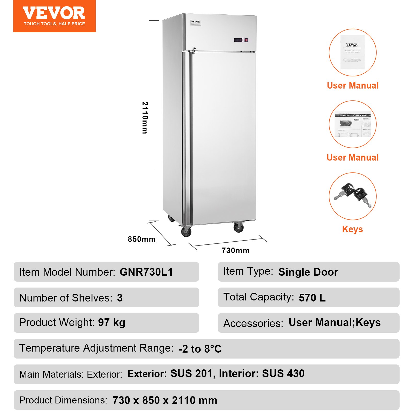 VEVOR Commercial Refrigerator 570 L, Single Door Refrigerator, Stainless Steel Refrigerator with Automatic Defrost, 3 Shelves, Temperature Control from -2 ~ + 8 °C and 4 Wheels