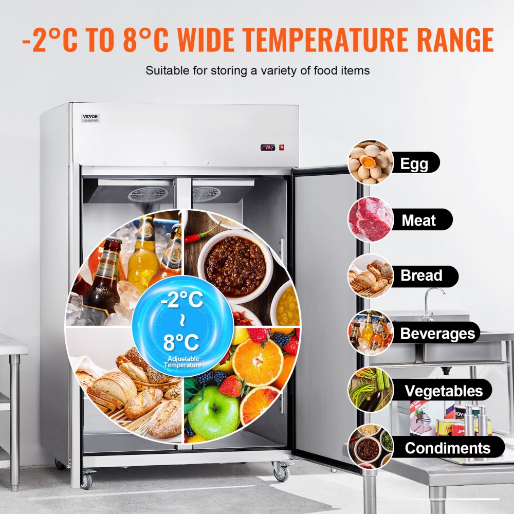 VEVOR commercial refrigerator 1100 L, 2 doors, stainless steel refrigerator with automatic defrost, 6 shelves, temperature control from -2 to +8 °C and 4 wheels