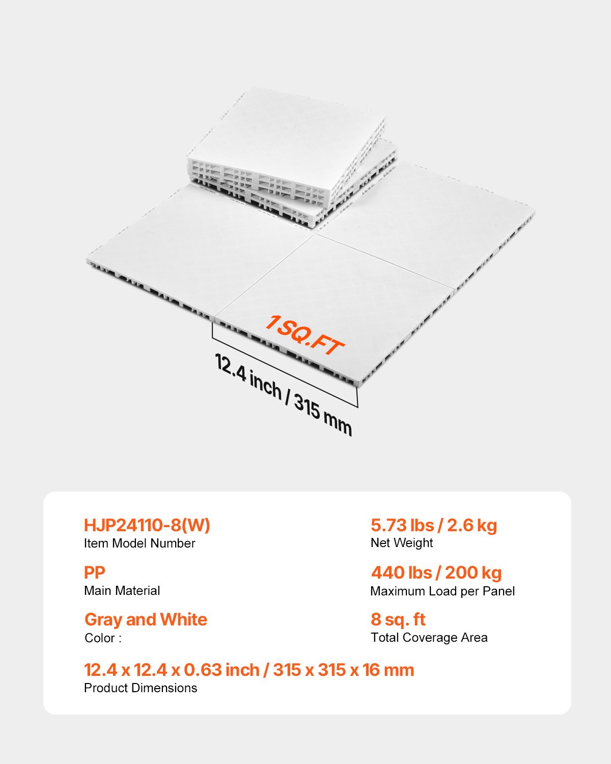 VEVOR Tappetini da Hockey ad Incastro 315 x 315 x 16 mm Tappetini da Palestra, 8 Pezzi, Piastrelle per Pista da Ballo per Superficie di Allenamento Versatile ad Incastro, Grigio Bianco 0,74 m²/Scatola