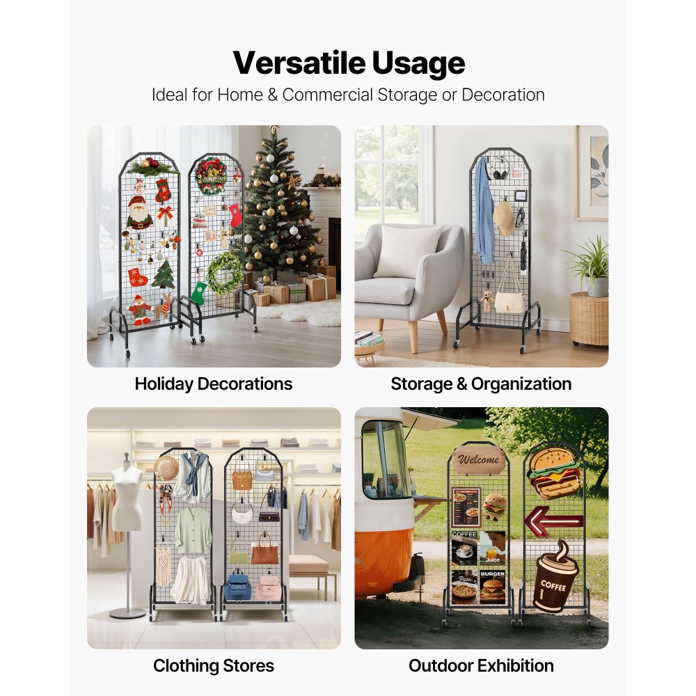 VEVOR Parete Pannello a Griglia 60 x 164 cm 2 pezzi Espositore da Pavimento con 20 Ganci, Parete a Pannello in Acciaio al Carbonio, Scaffale per Esposizione per Decorazioni, Nero