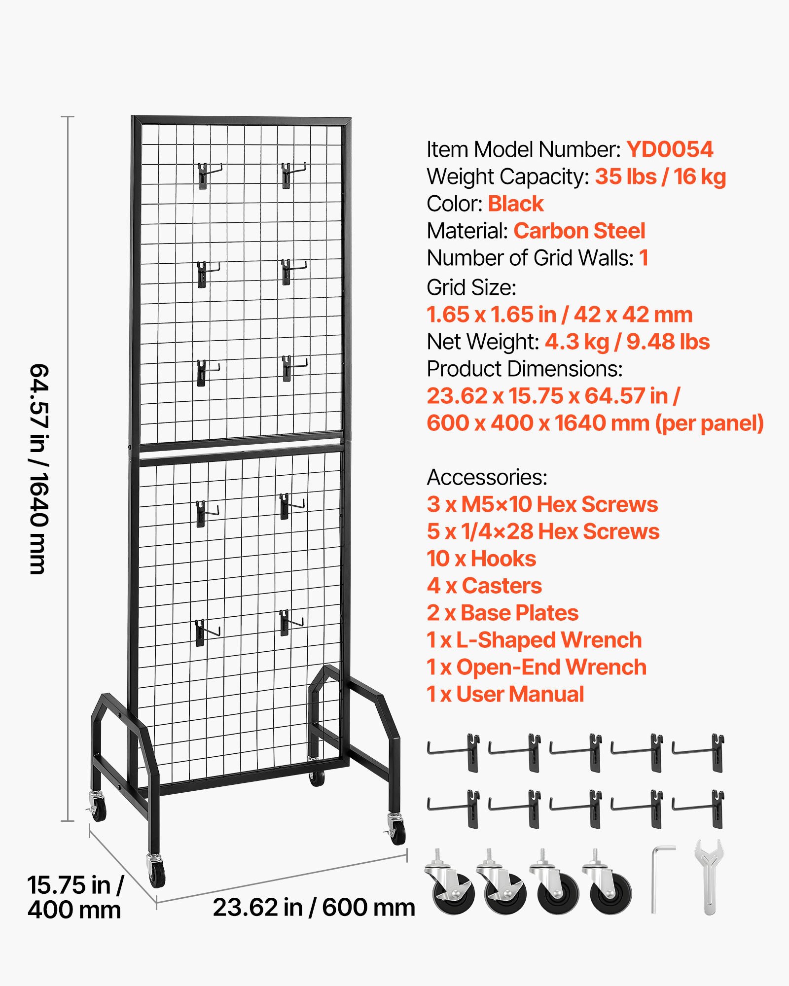 VEVOR Parete Pannello a Griglia 60 x 164 cm 1 pezzo Espositore da Pavimento con 10 Ganci, Parete a Pannello in Acciaio al Carbonio, Scaffale per Esposizione per Decorazioni, Nero