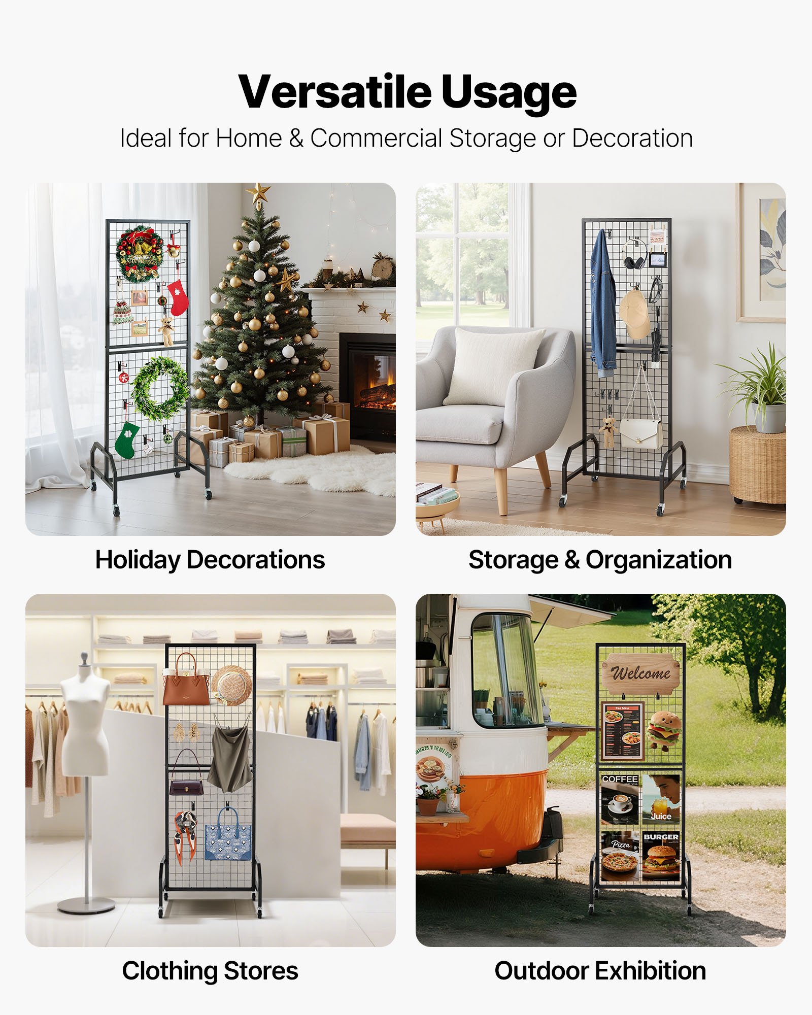 VEVOR Parete Pannello a Griglia 60 x 164 cm 1 pezzo Espositore da Pavimento con 10 Ganci, Parete a Pannello in Acciaio al Carbonio, Scaffale per Esposizione per Decorazioni, Nero