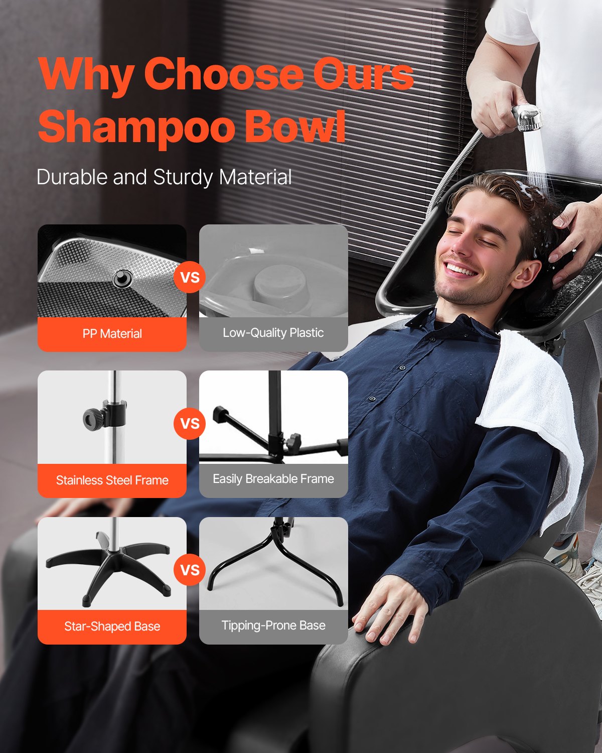 VEVOR Portable Shampoo Bowl, Shampoo Sink with Adjustable Height & Angle, Salon Hair Wash Sink with Drain Hose and Star-Shaped Support Base for Barbershop Beauty Spa Center Home Use