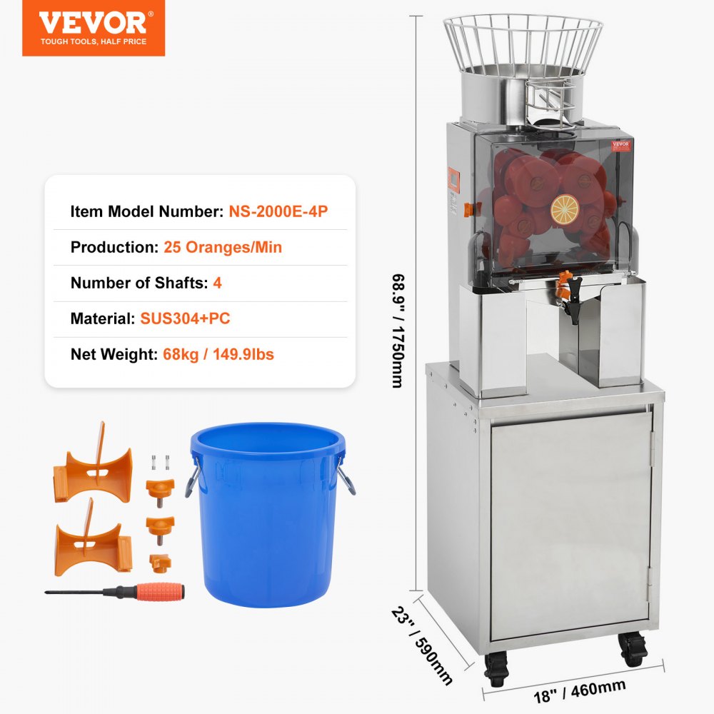 VEVOR Commercial Orange Juicer, Automatic 120W Juicer, Stainless Steel Orange Press for 25 Oranges per Minute, with Pull-Out Filter Box, PC Cover, Electric Citrus Press