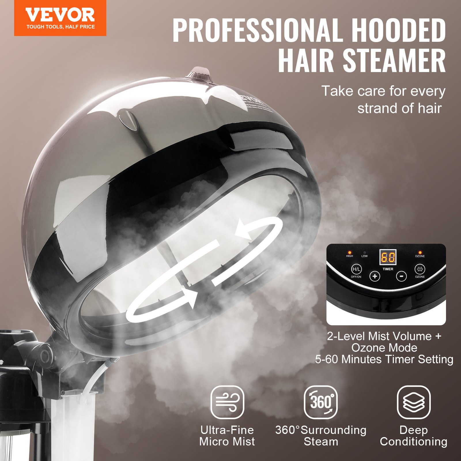 VEVOR Professional Deep Conditioning Hair Steamer, 11.81-inch Ionic Hair Steamer with Hood and 2 Modes, Height-Adjustable Standing Hair Steamer with Timer, 5 Wheels (2 Lockable) for Salon Home Spa